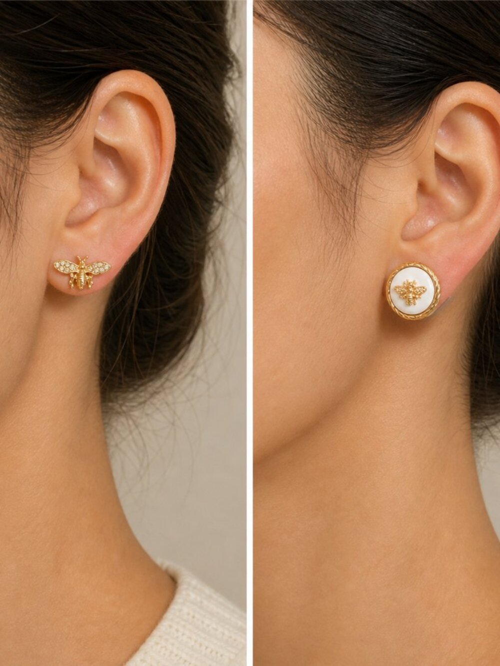 Bee Button Earrings and Bee Pearl Back Earrings Bundle
